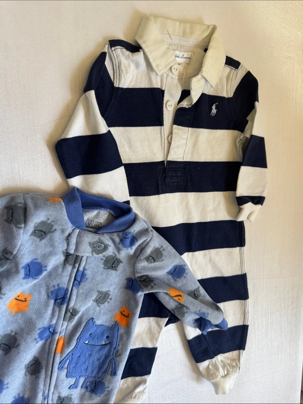 Ralph Lauren Navy & White Striped Polo One-Piece with Blue Monster Footie Set